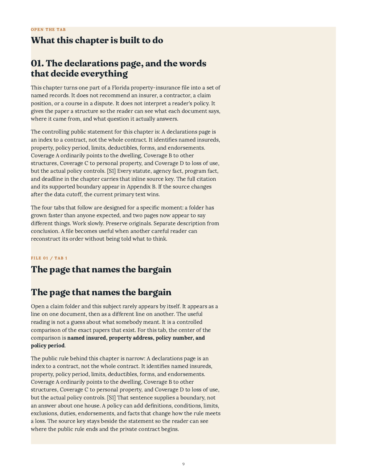 Rendered book page explaining the declarations page and the source-bound file structure