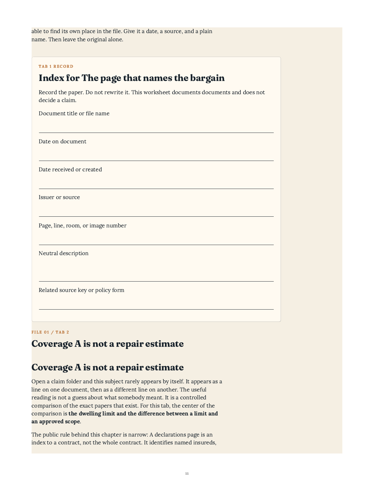 Rendered book worksheet for indexing the page that names the bargain